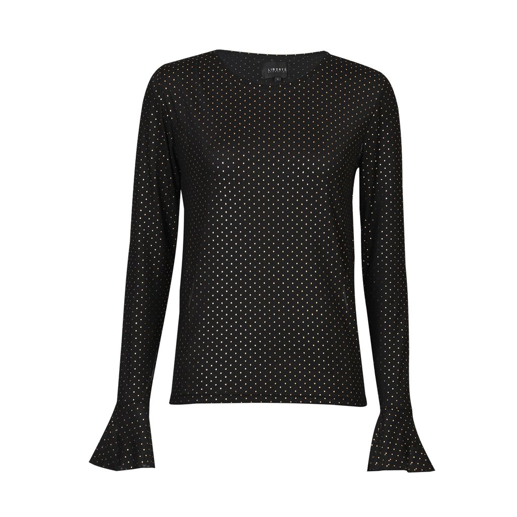 Liberte - Mesh Ls Frill Sleeve Top 22500 - Black Gold Foil Dot