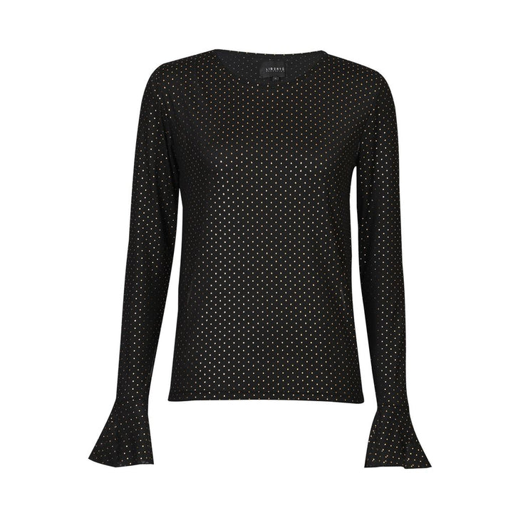 Liberte - Mesh Ls Frill Sleeve Top 22500 - Black Gold Foil Dot