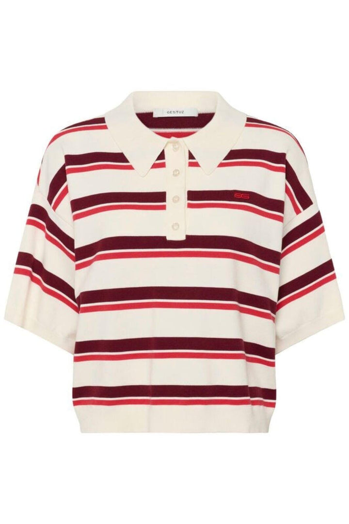 Gestuz - Gztaia Ss Polo Pullover 10910933 - 109194 - Egret/Cabernet/Poinsettia Strikbluser 