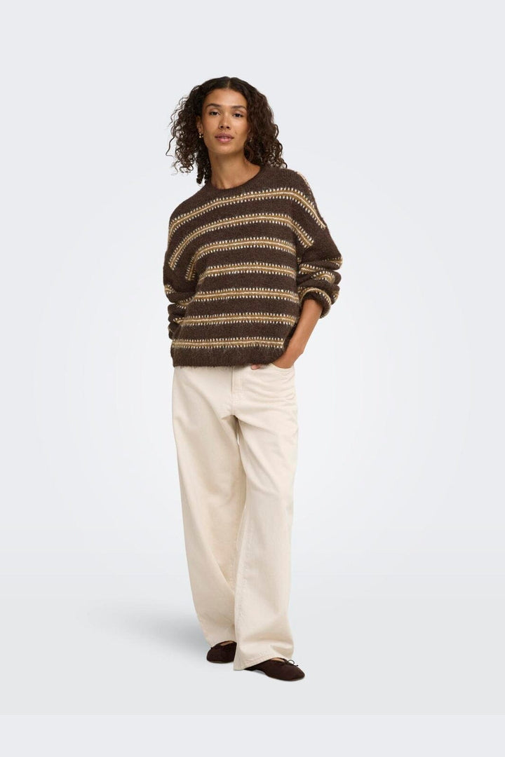 JDY - Jdydina L/S O-Neck Stripe Pullover Knt - 5111615 Chocolate Torte Bison & Cloud Dancer