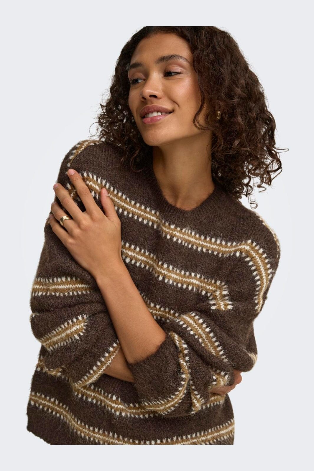 JDY - Jdydina L/S O-Neck Stripe Pullover Knt - 5111615 Chocolate Torte Bison & Cloud Dancer