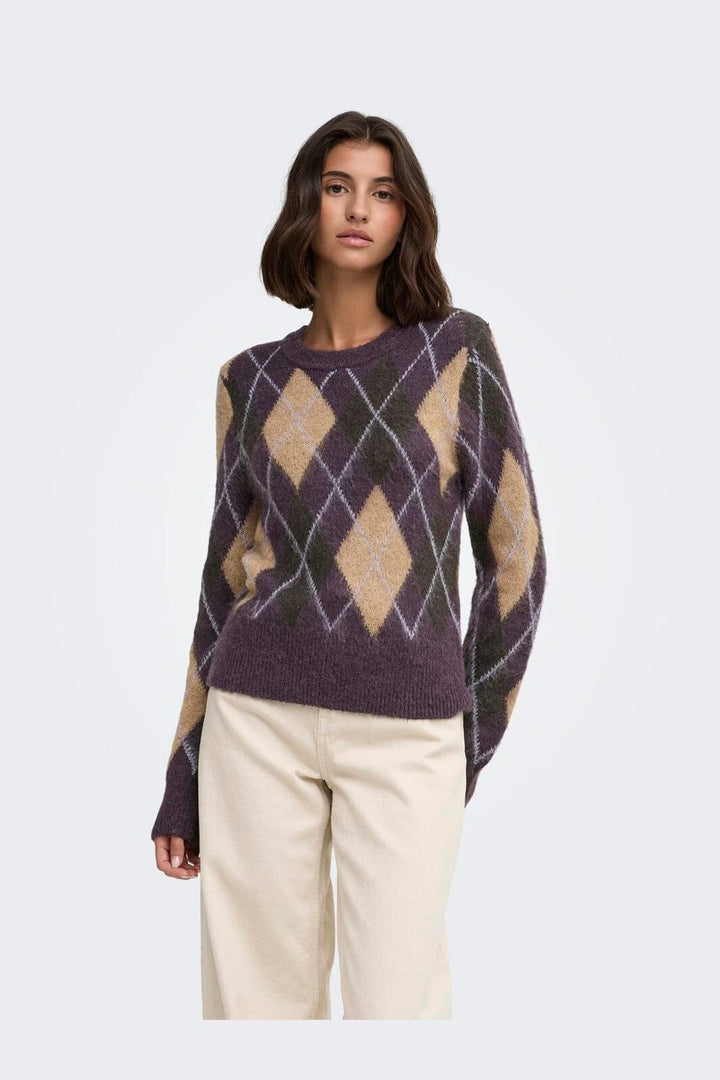 JDY - Jdyreese L/S O-Neck Argyle Pullover Knt - 5140650 Plum Perfect W. Chocolate Torte/Toasted Coconut/Lavender Gray Argyle