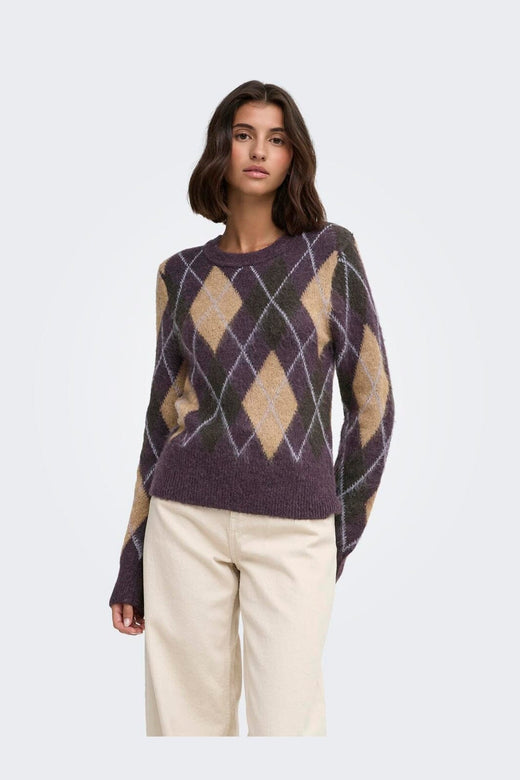 JDY - Jdyreese L/S O-Neck Argyle Pullover Knt - 5140650 Plum Perfect W. Chocolate Torte/Toasted Coconut/Lavender Gray Argyle