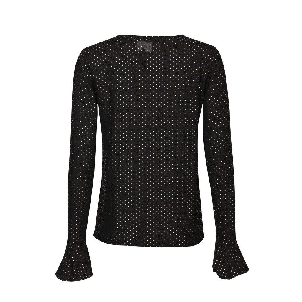 Liberte - Mesh Ls Frill Sleeve Top 22500 - Black Gold Foil Dot