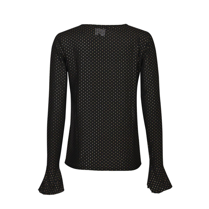 Liberte - Mesh Ls Frill Sleeve Top 22500 - Black Gold Foil Dot