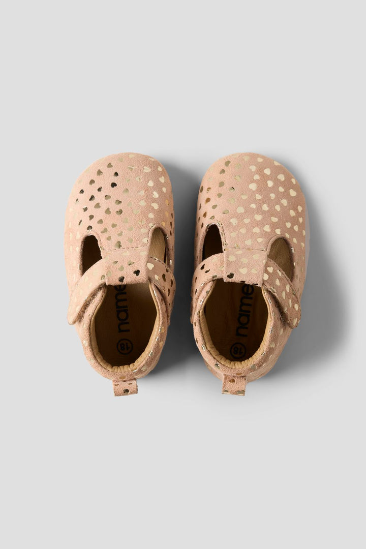 Name It - Nbfrea Baby Shoe In Suede T-Strap Velcro - 5173968 Rose Smoke Metallic Heart Print