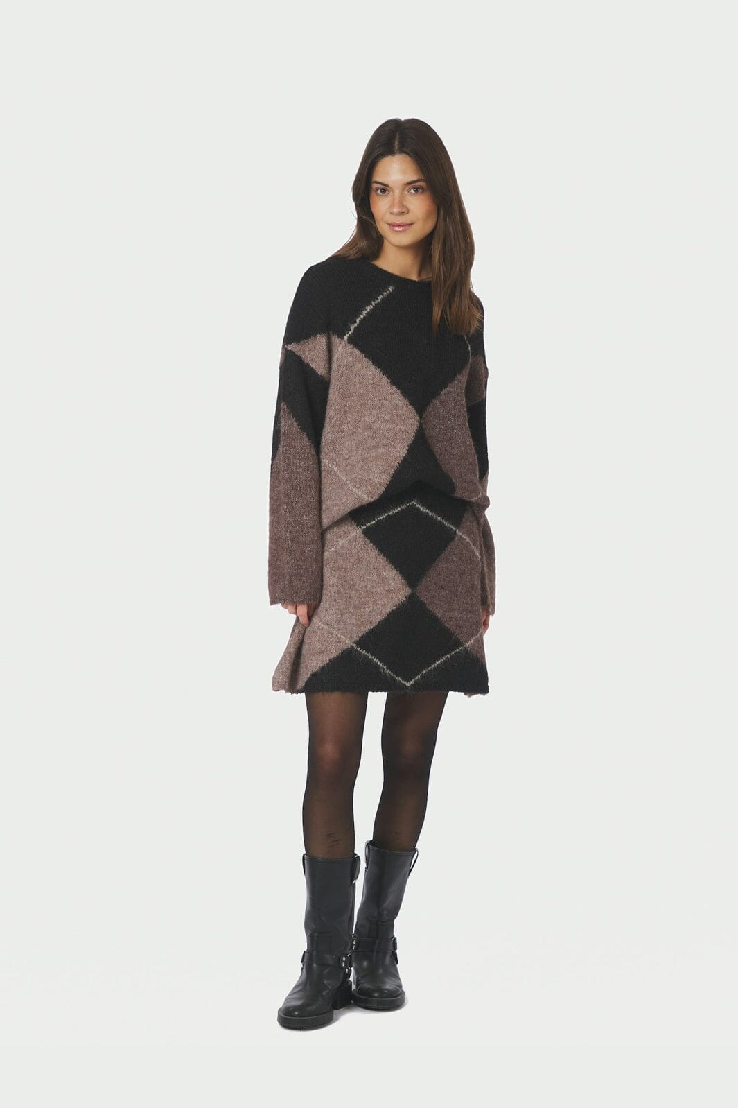 Neo Noir - Gisa Check Fluff Knit Skirt 168283 - 676 - Dark Brown