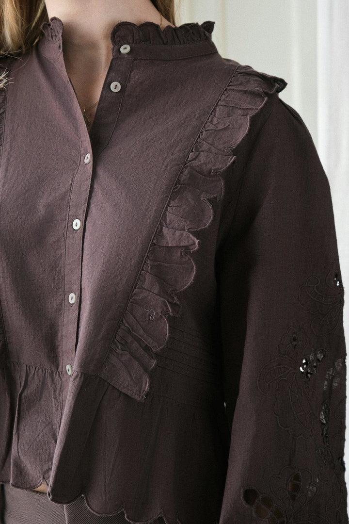 Neo Noir - Petrine Embroidery Blouse 161136 - 676 - Dark Brown Skjorter 