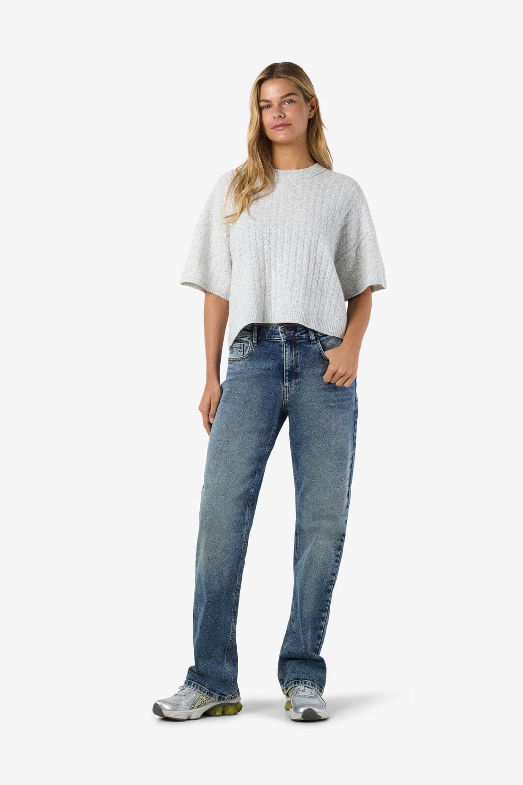 Noisy May - Nmsmilla S/S Cable Knit Top - 4923869 Light Grey Melange