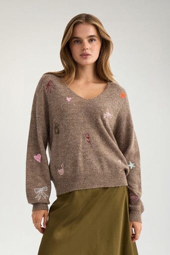 Nümph - Nuyppa Embroidery Pullover 707599 - Taupe Gray Melange Strikbluser 