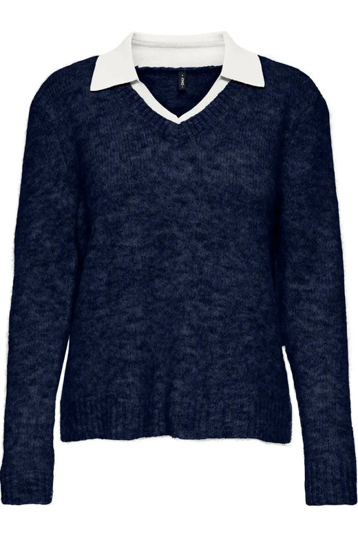 Only - Onlazu Ls Polo Neck Knt - 4959032 Navy Blazer Melange/Cloud Dancer Strikbluser 