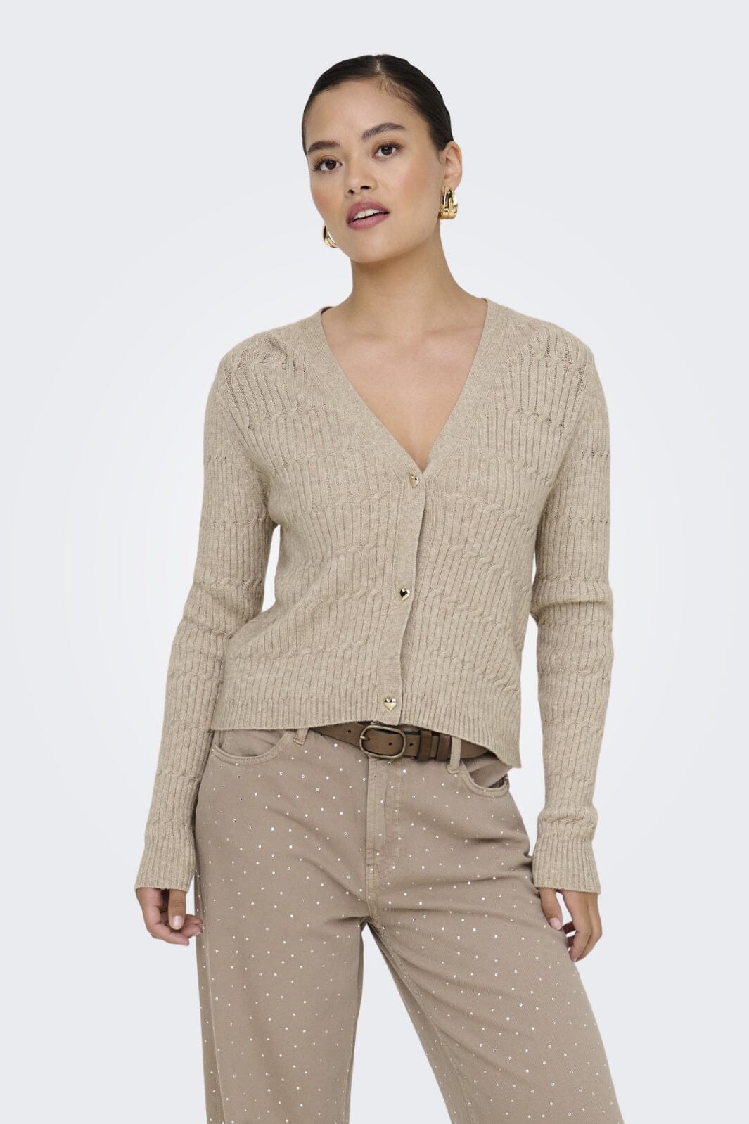 Only - Onlkatia Ls Cable V-Neck Cardi Knt Nca - 4505958 Mocha Meringue W. Melange