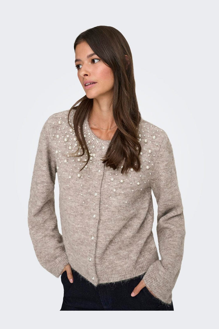 Only - Onlmiggie Ls O-Neck Pearl Cardi Knt - 5039863 Malt Ball Melange/Fmop