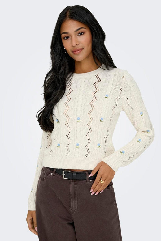 Only - Onlrita Life Ls Embr Cable Knt - 4862606 Ecru Cashmere Blue Flower