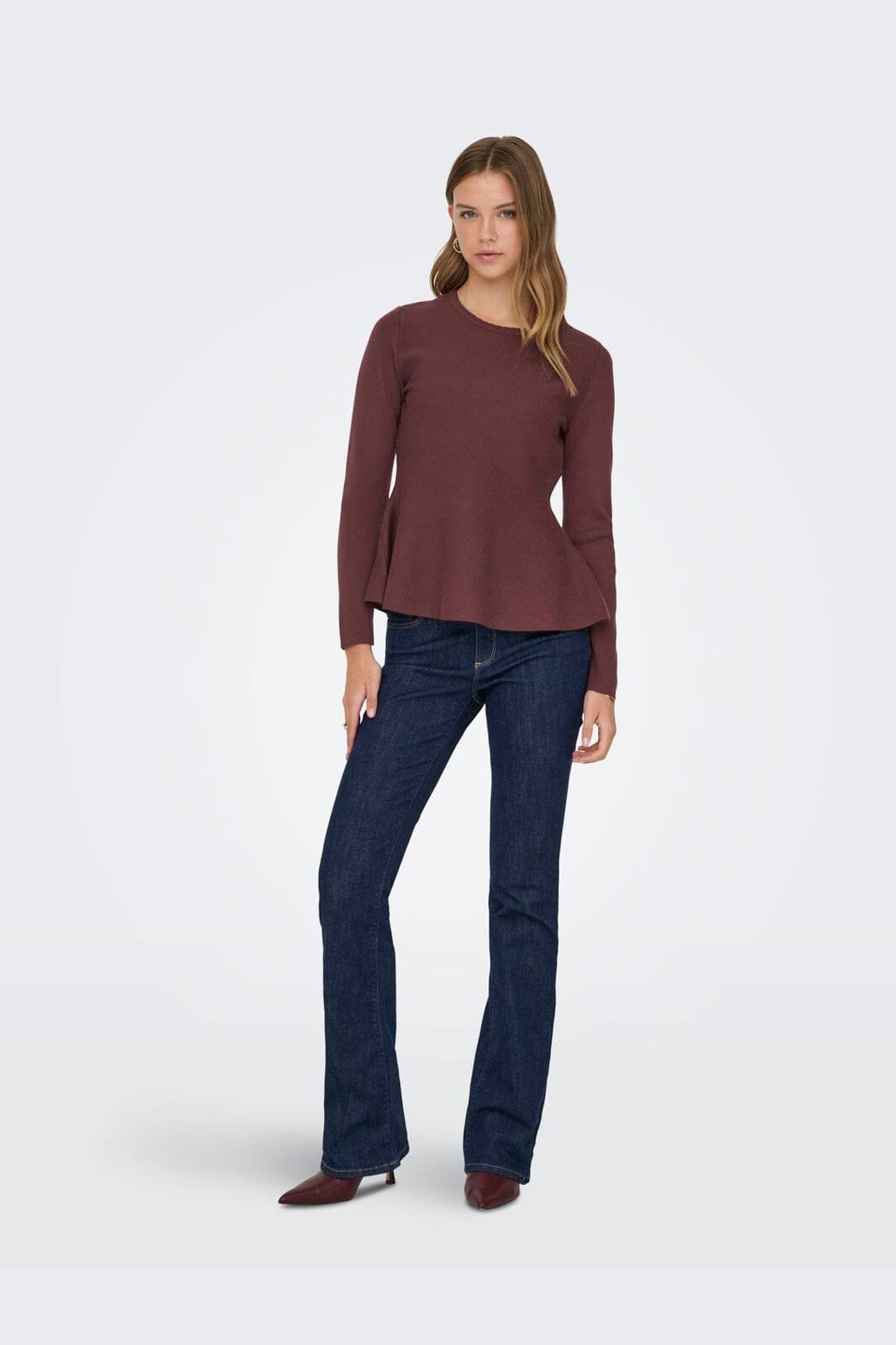 Only - Onlvilda Ls Peplum O-Neck Knt - 5026295 Rum Raisin