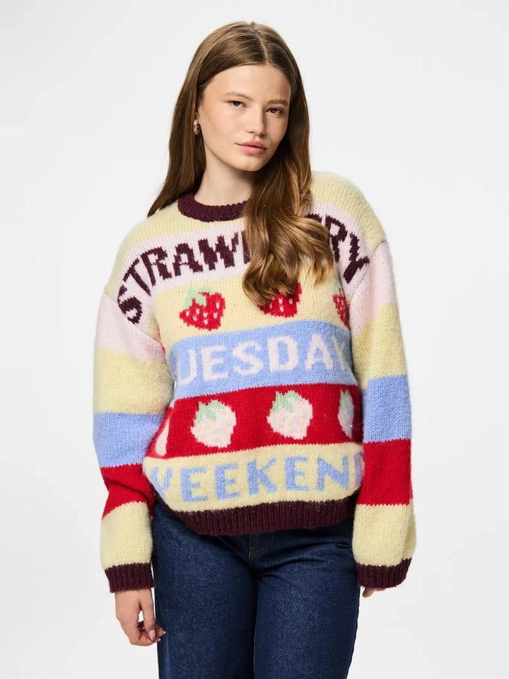 Pieces - Pcbikka Ls O-Neck Knit - 4949295 French Vanilla Multicolor Statements Strikbluser 