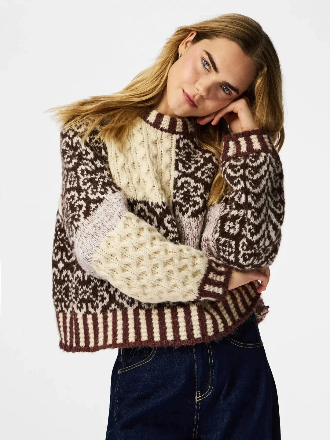 Pieces - Pcfusion Ls O-Neck Colorblock Knit - 5129668 Greige Natural Tones Colorblock Strikbluser 