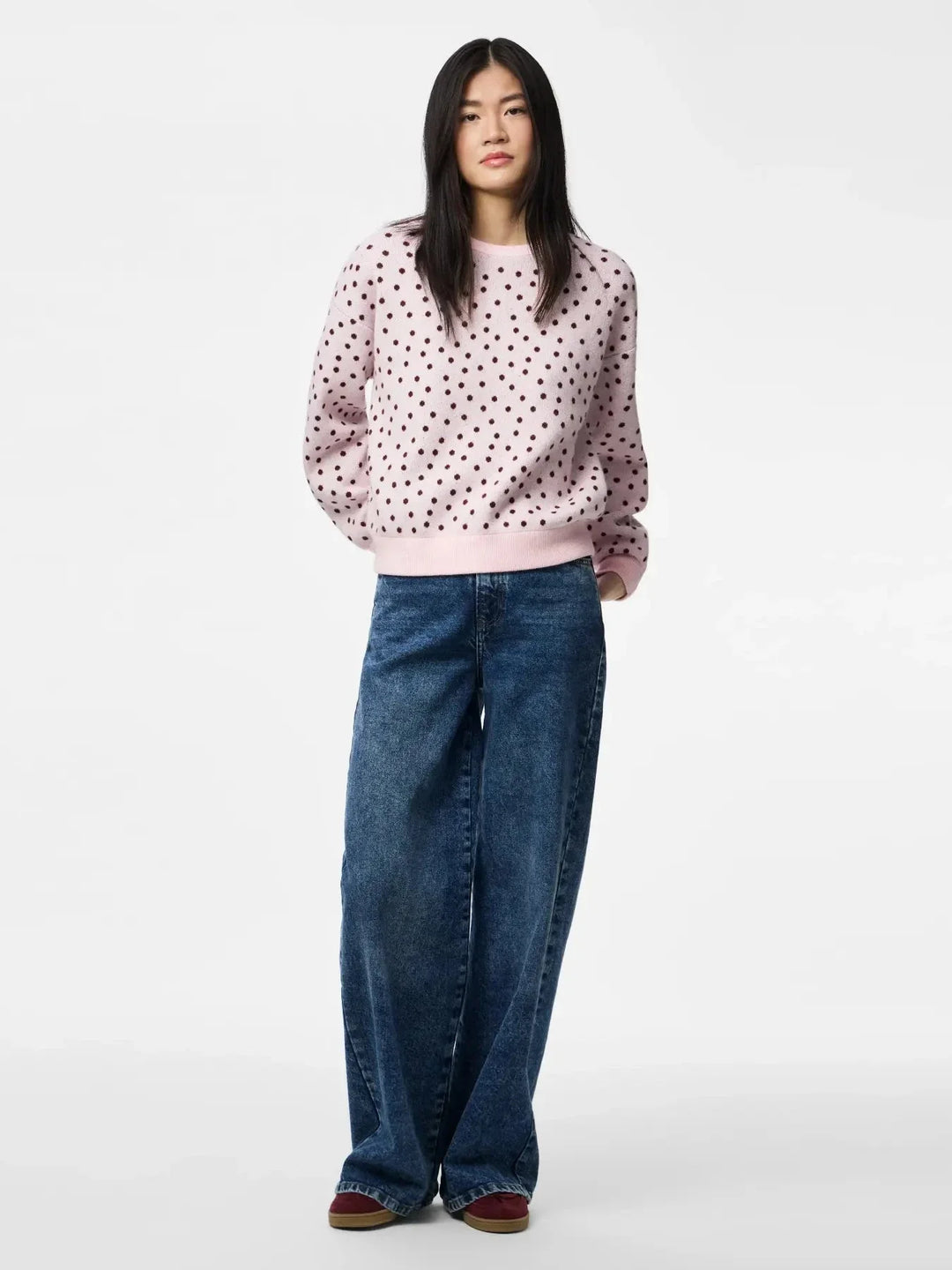 Pieces - Pcnancy Ls O-Neck Dot Knit - 5098308 Roseate Spoonbill Winetasting Dots Strikbluser 