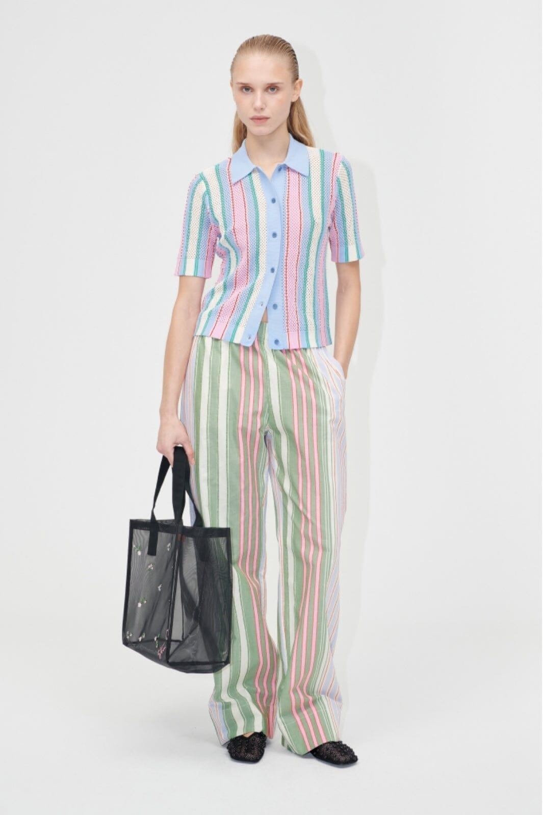 Stine Goya - 2100 Tricot Knit, Short Sleeve Crochet Polosg-pf25-k038-2100 - Pastel Stripes